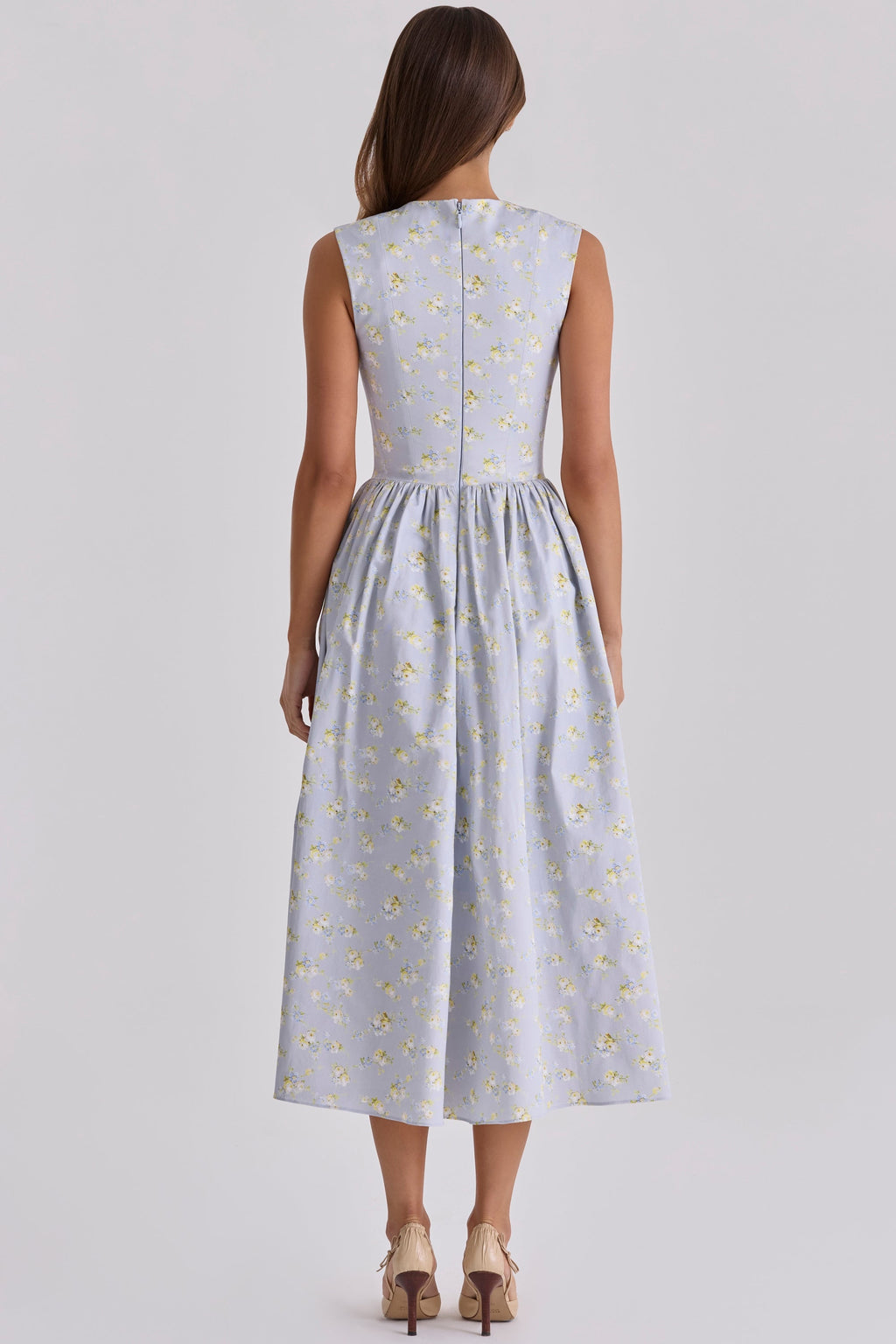 blue wildflower print cotton midi sundress