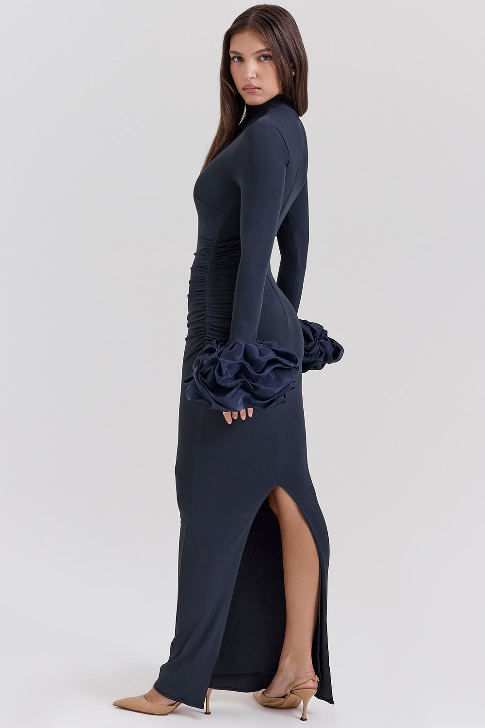 midnight ruffle sleeve maxi dress