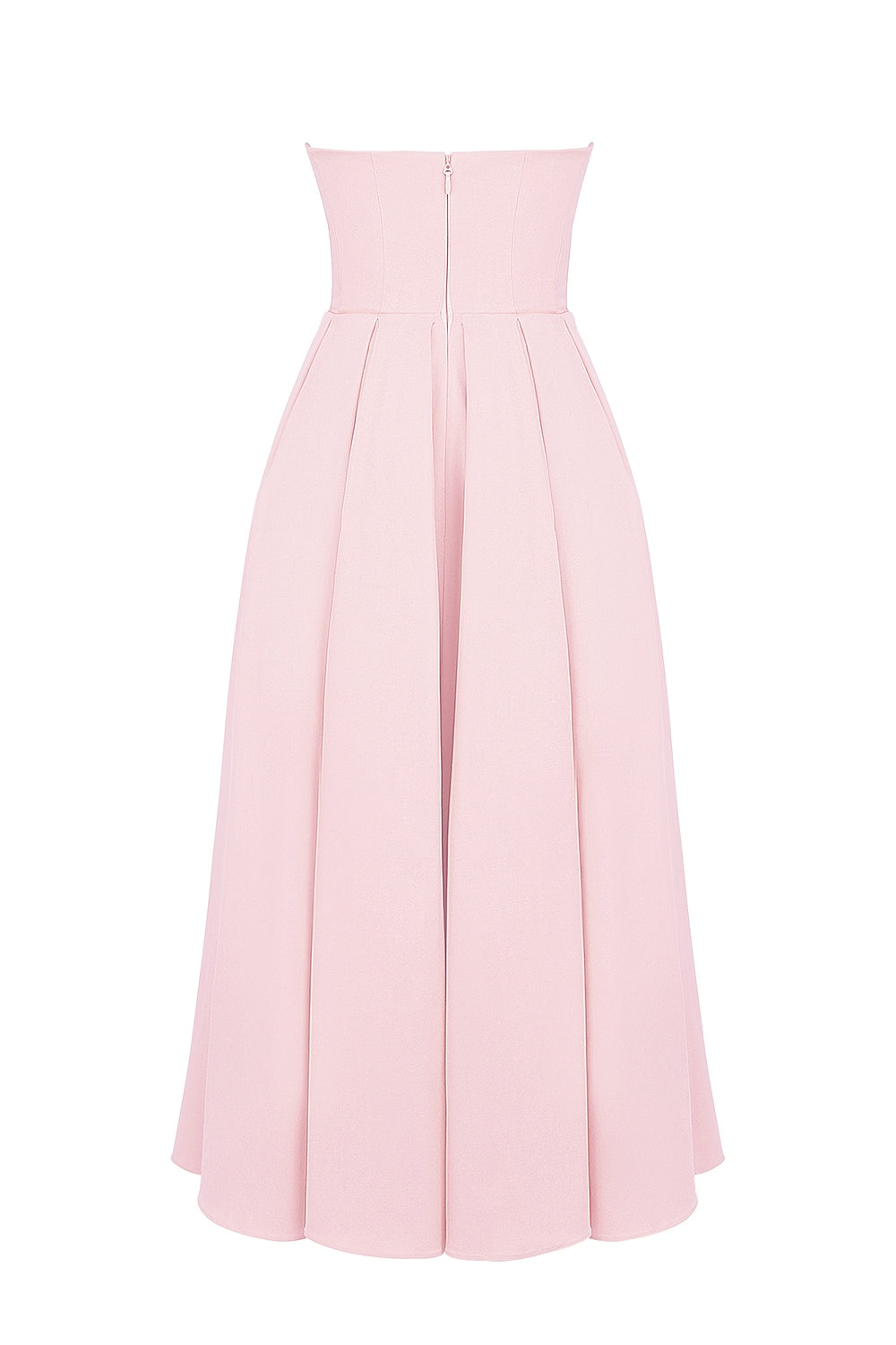 parisian pink strapless corset midi dress