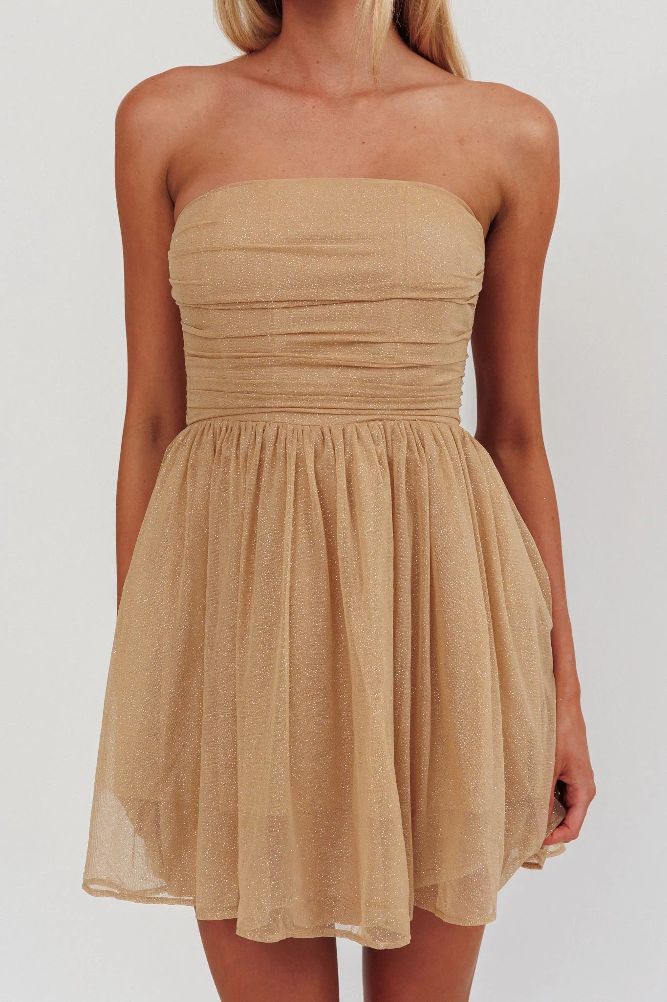Guilty Pleasure Strapless Glitter Mini Dress Gold