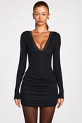 Ribbed Modal Long-Sleeve Draped Mini Dress in Black