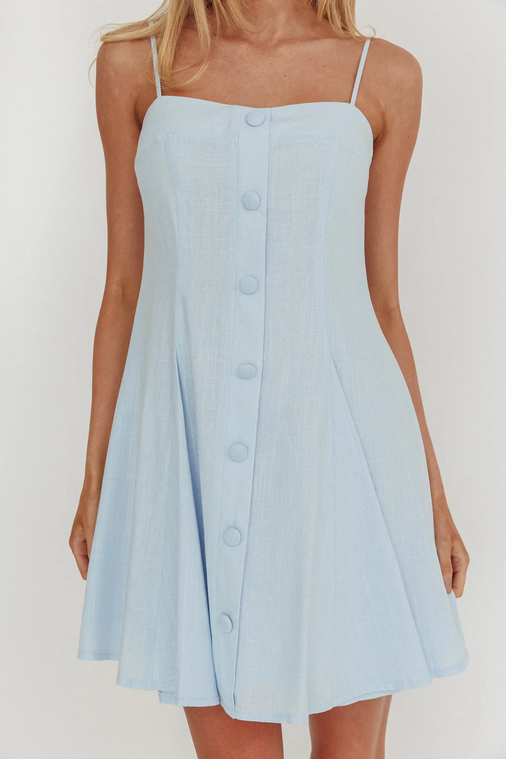 Fianna Button Front Godet Mini Dress Light Blue