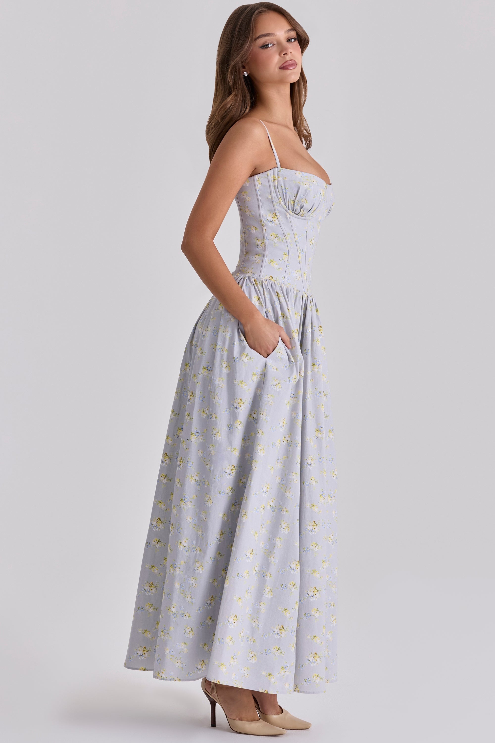 blue wildflower print cotton lace up maxi dress