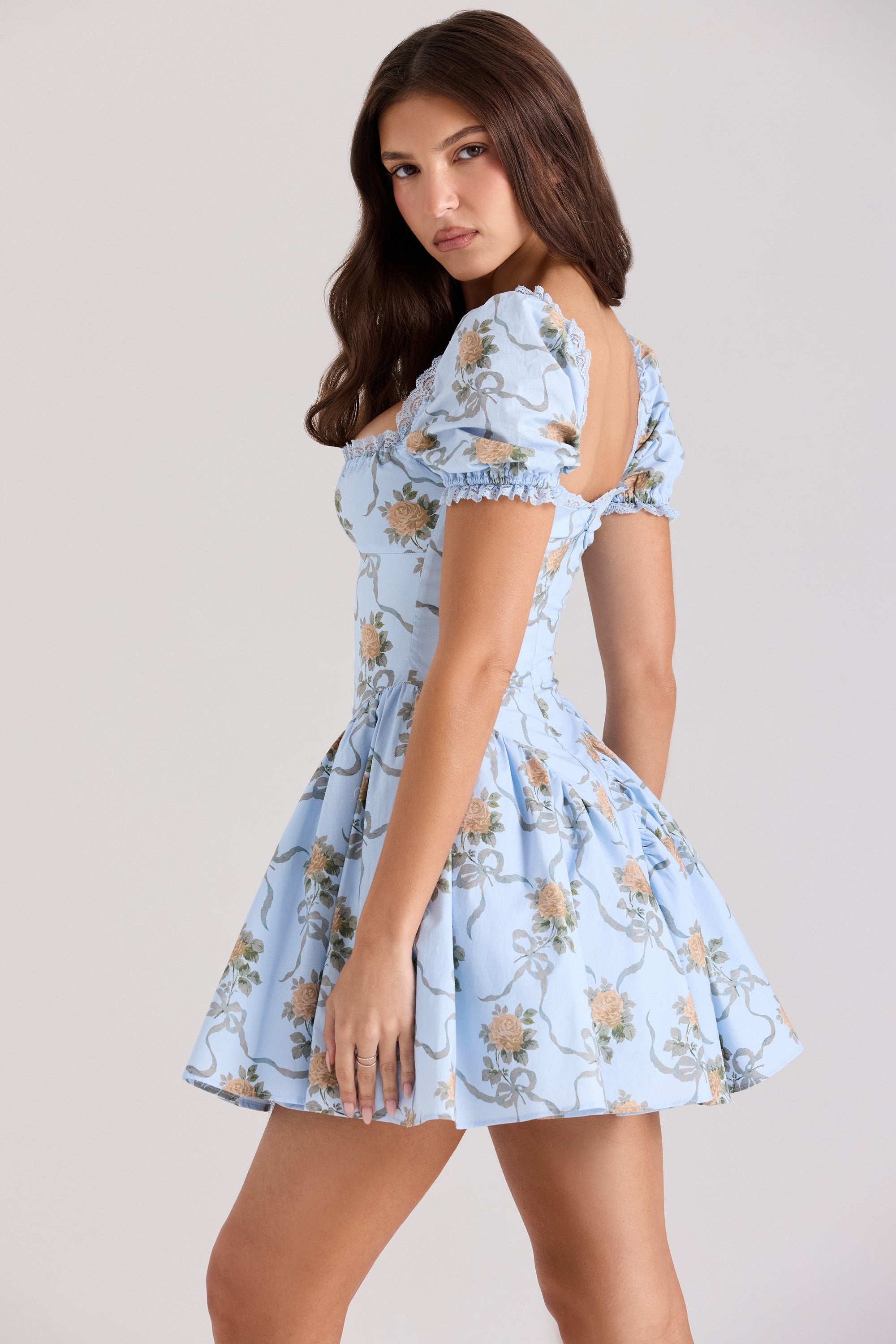 blue rose print cotton mini dress