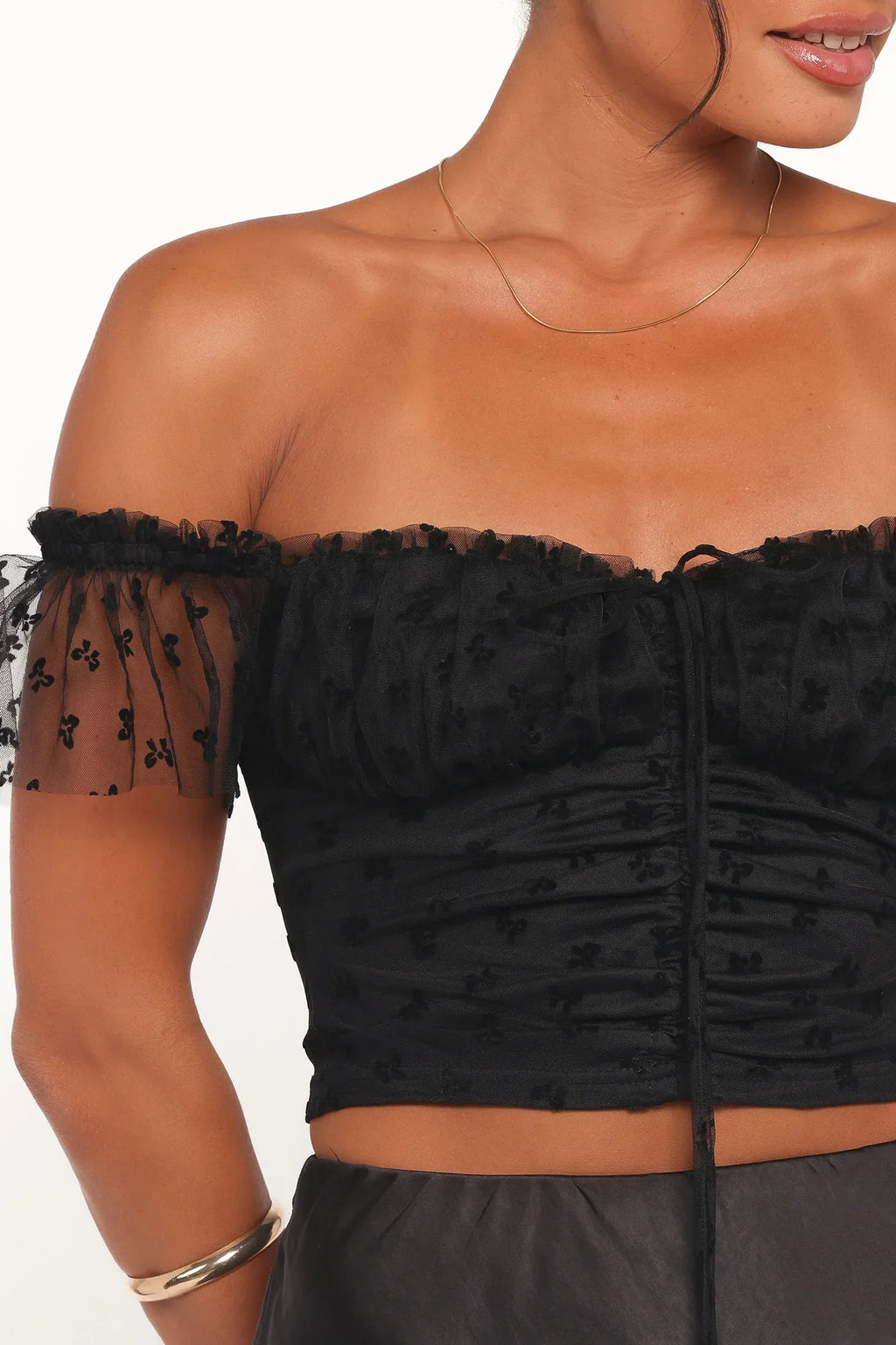 Aster Off Shoulder Mesh Top - Black