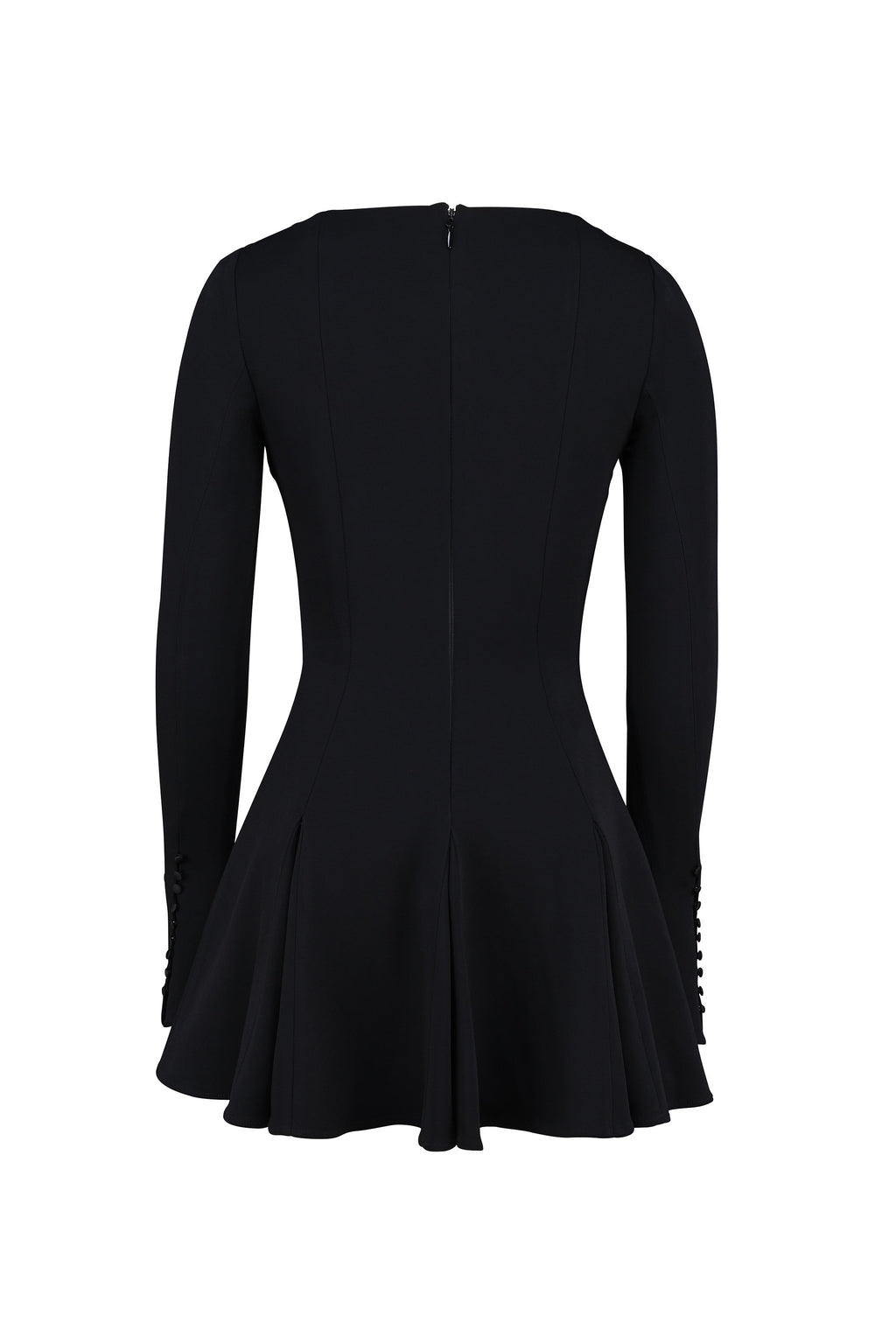 black stretch crepe godet mini dress