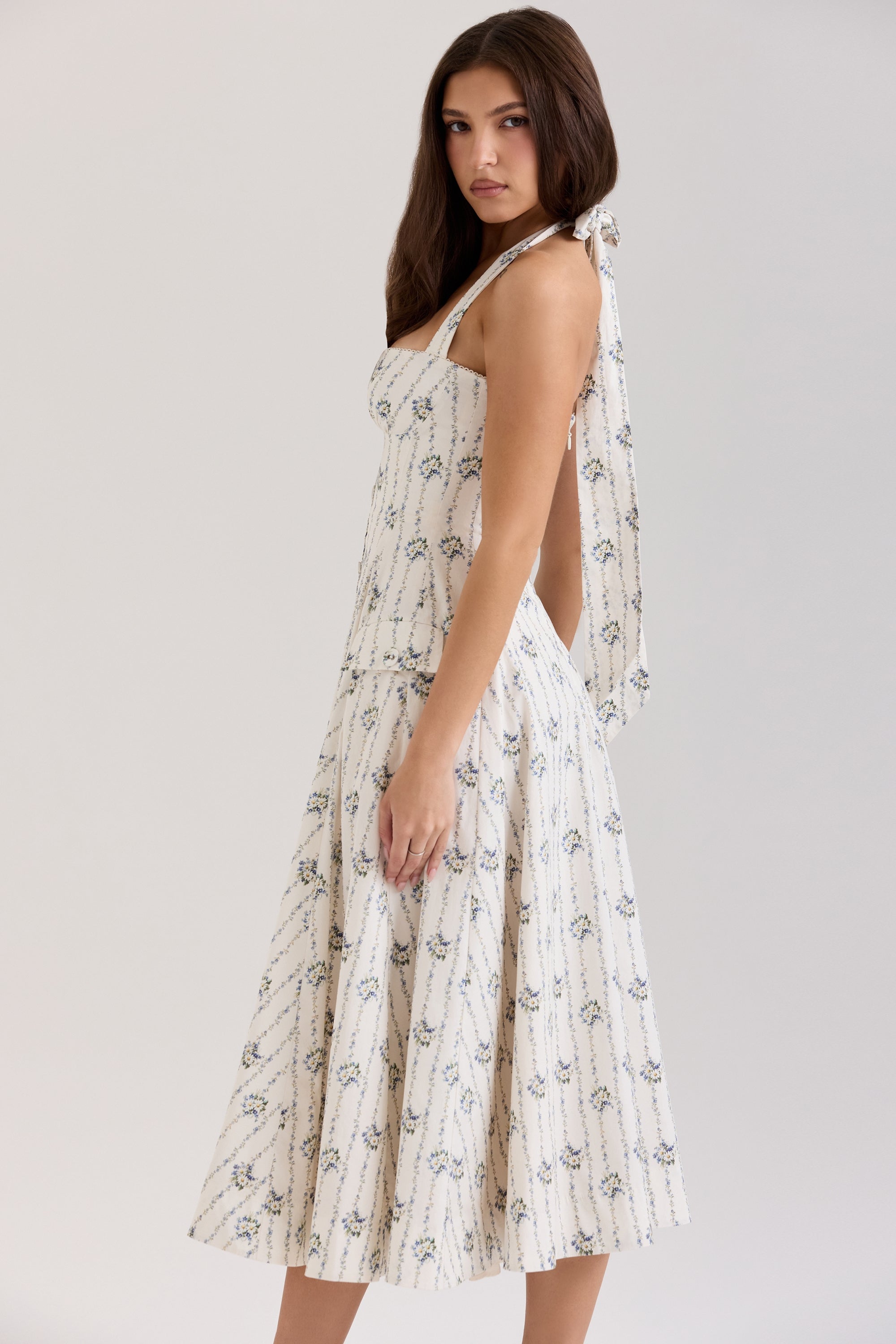 cream daisy print stretch cotton halter neck midi dress