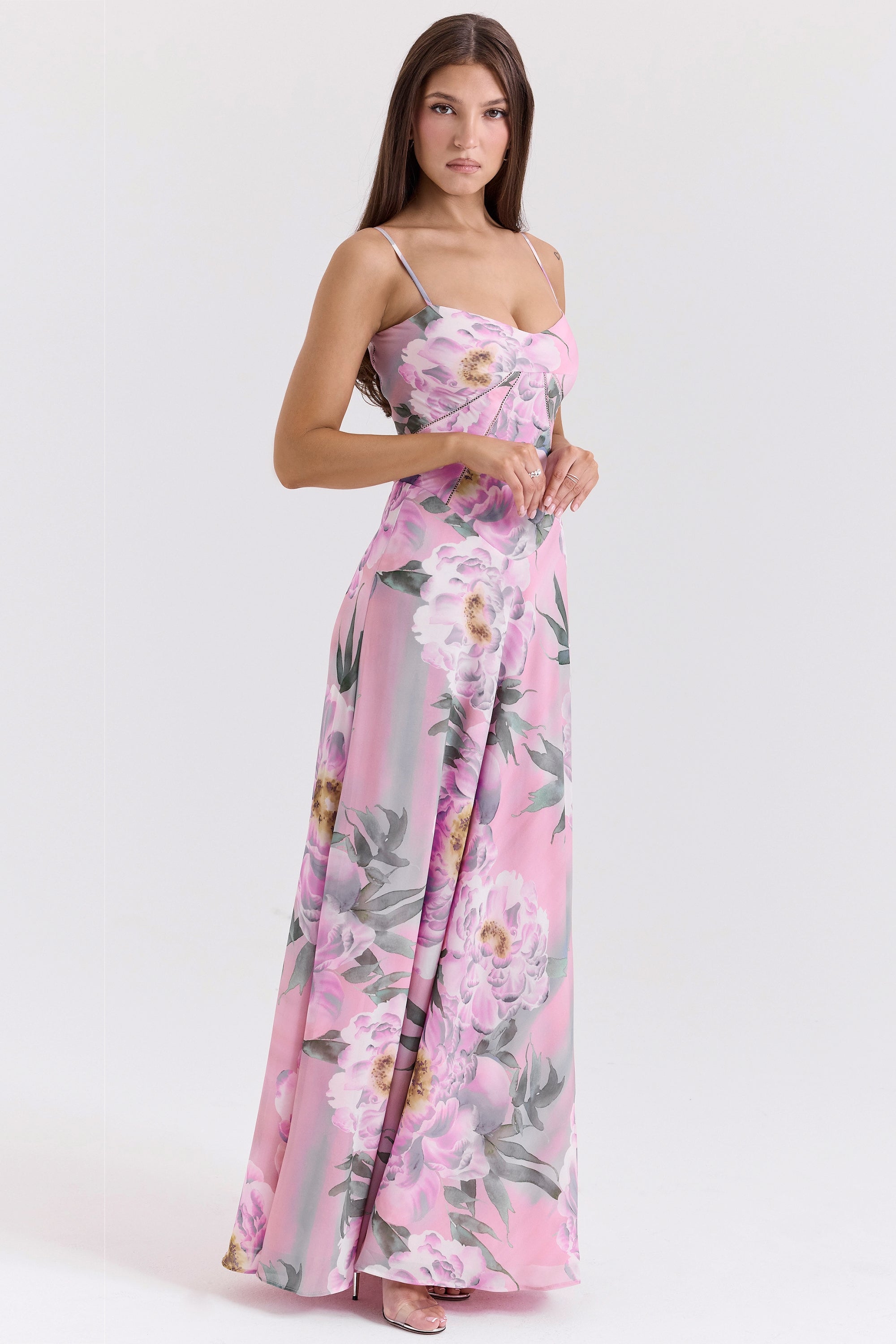 pink floral print lace back maxi dress