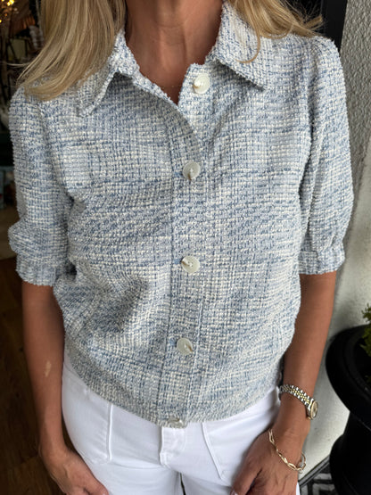 Liverpool Short Puff Sleeve Jacket - Cream/Blue Plaid