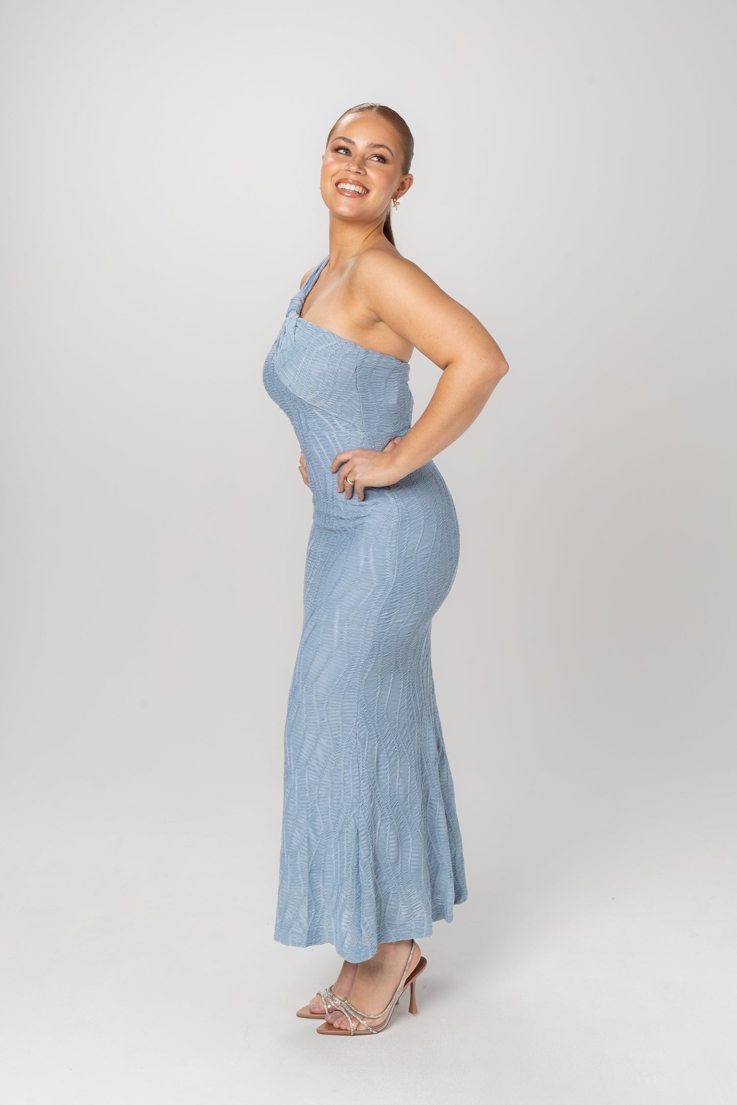 Ada One Shoulder Textured Blue Maxi Dress
