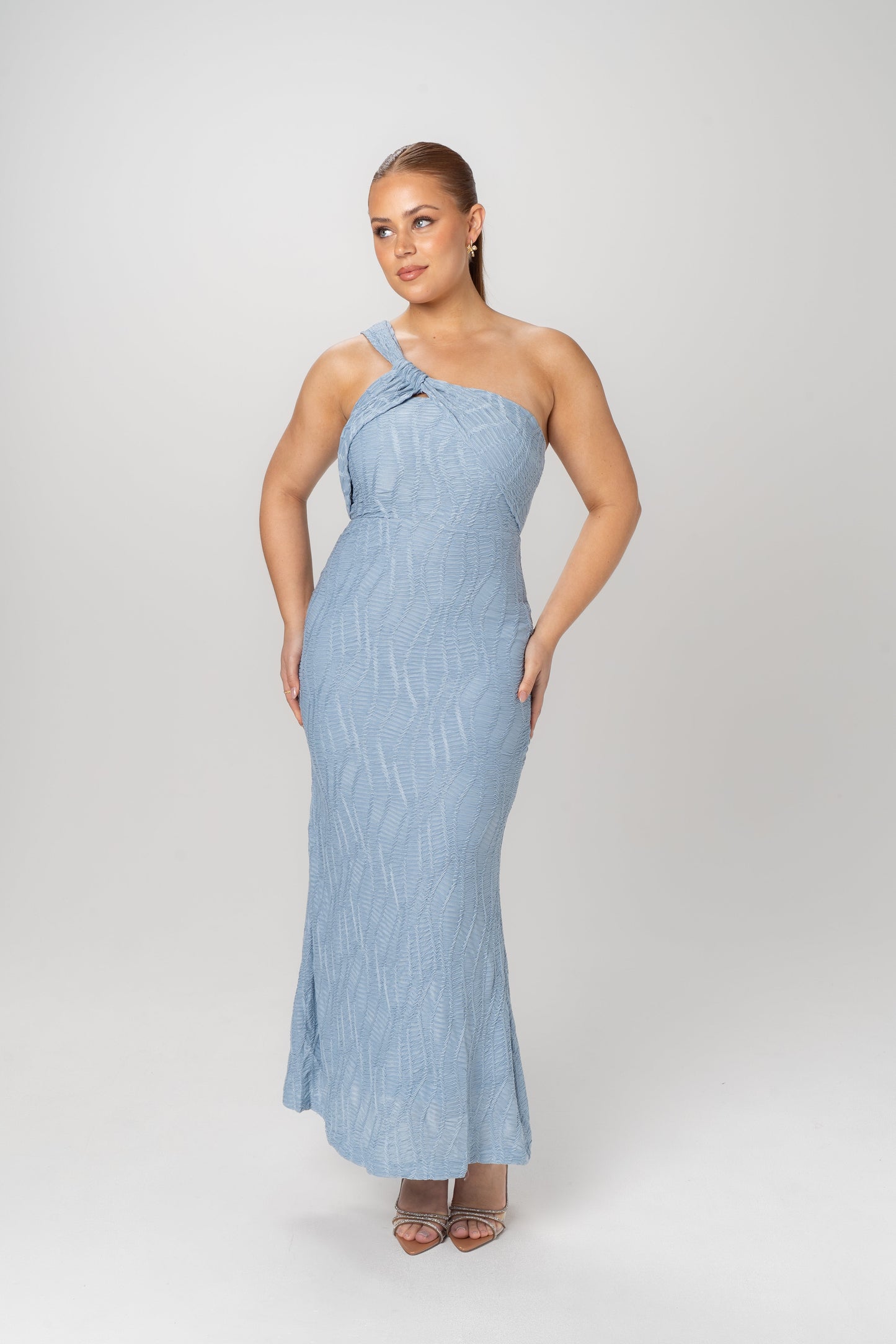 Ada One Shoulder Textured Blue Maxi Dress