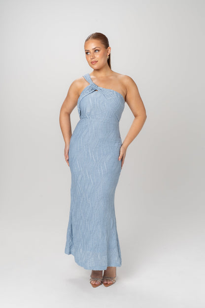 Ada One Shoulder Textured Blue Maxi Dress