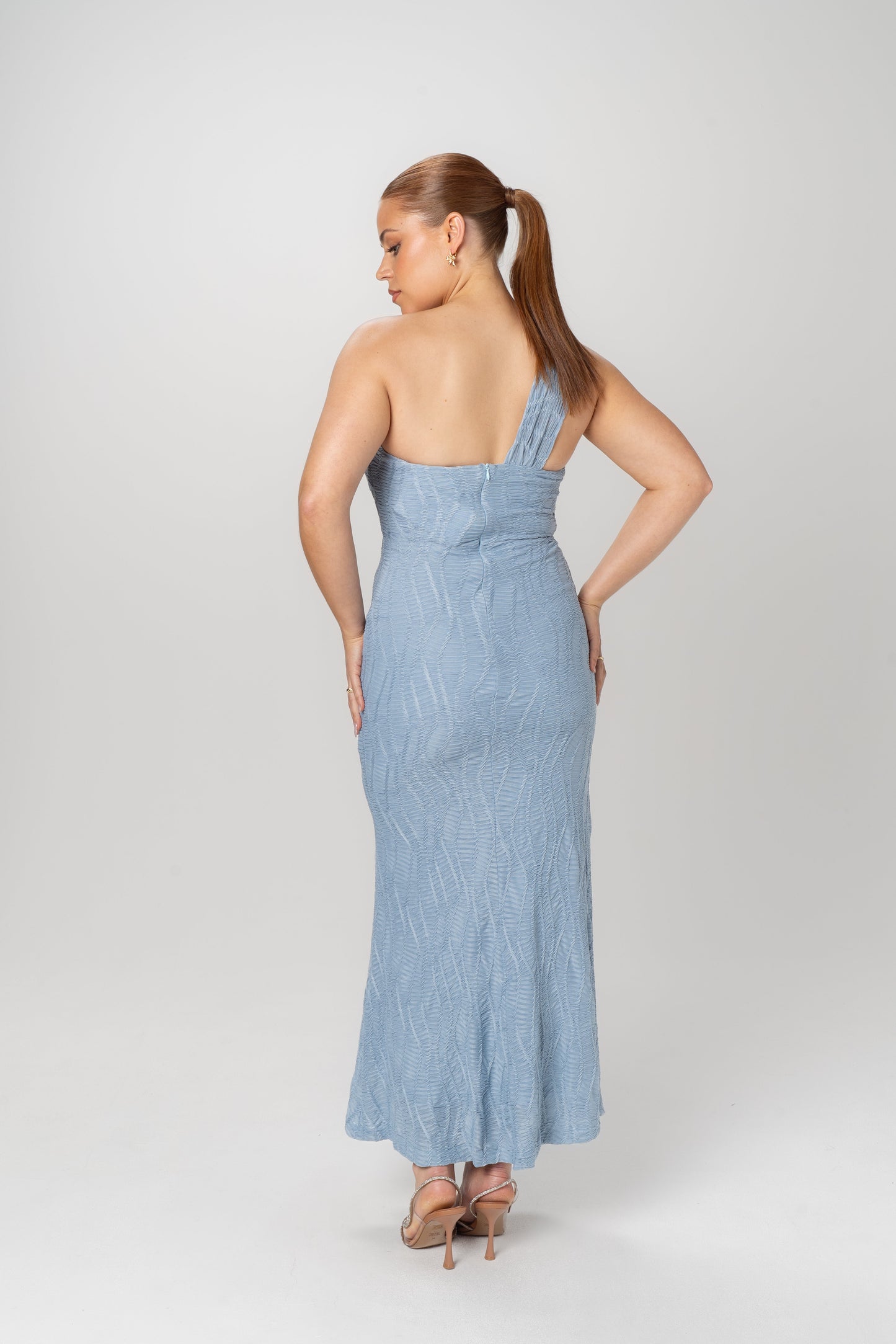 Ada One Shoulder Textured Blue Maxi Dress