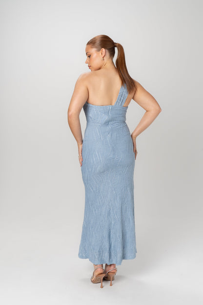 Ada One Shoulder Textured Blue Maxi Dress