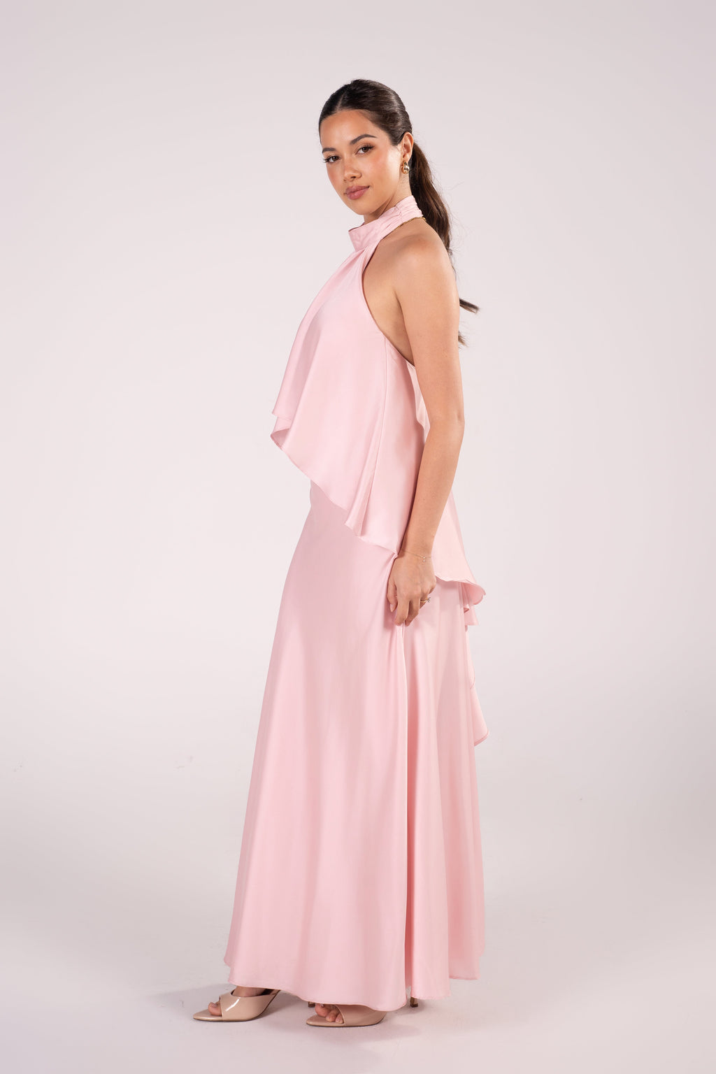 Aster Baby Pink Cascading Ruffle Halter Dress