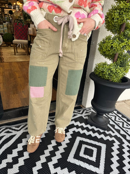 Everly Splatter Barrel Pant-Olive