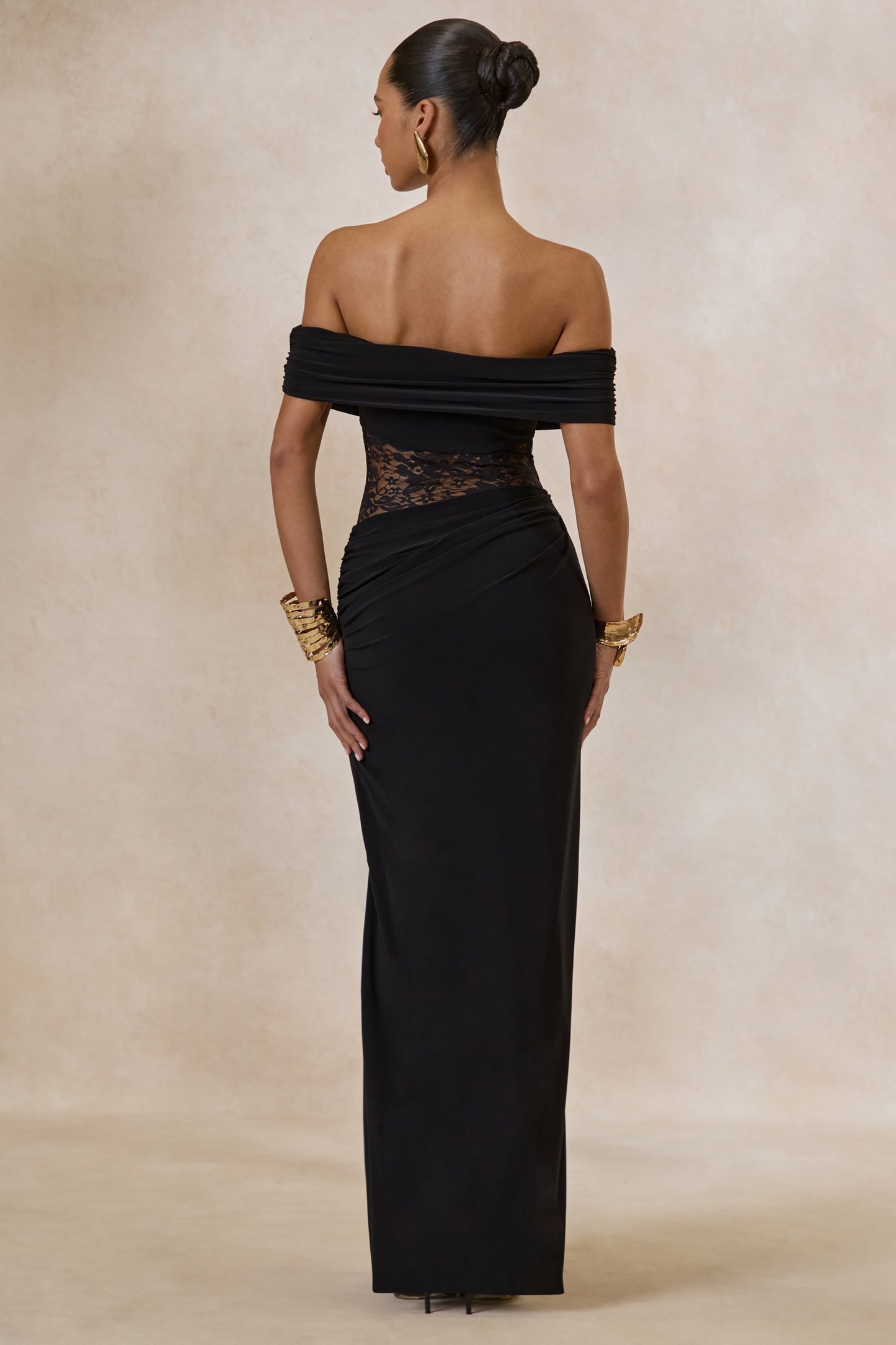 Forsya | Black Bardot-Neck Maxi Dress With Lace-Detailing