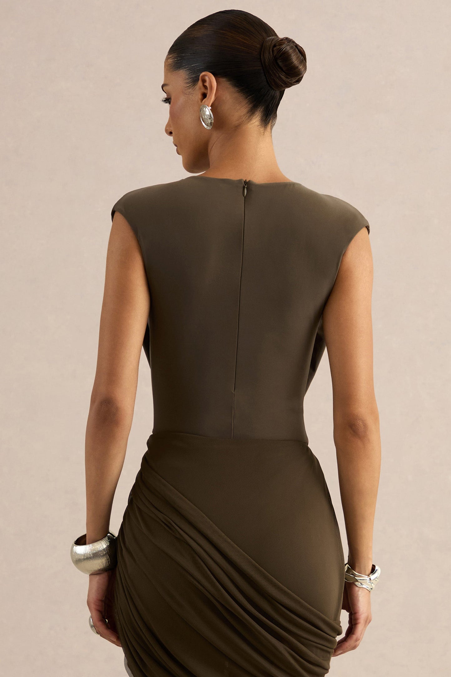 Kessia | Khaki Wide-Neck Thong Bodysuit With Mesh Detail