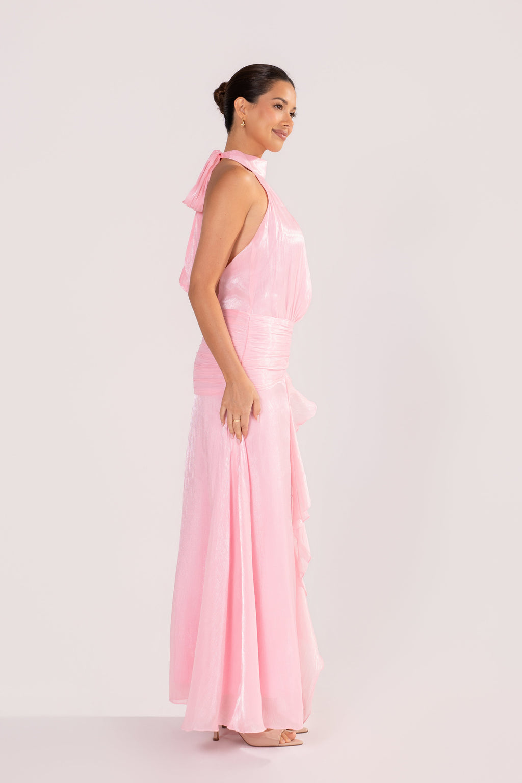 Drew Pink Shimmer Halter Neck Maxi Dress