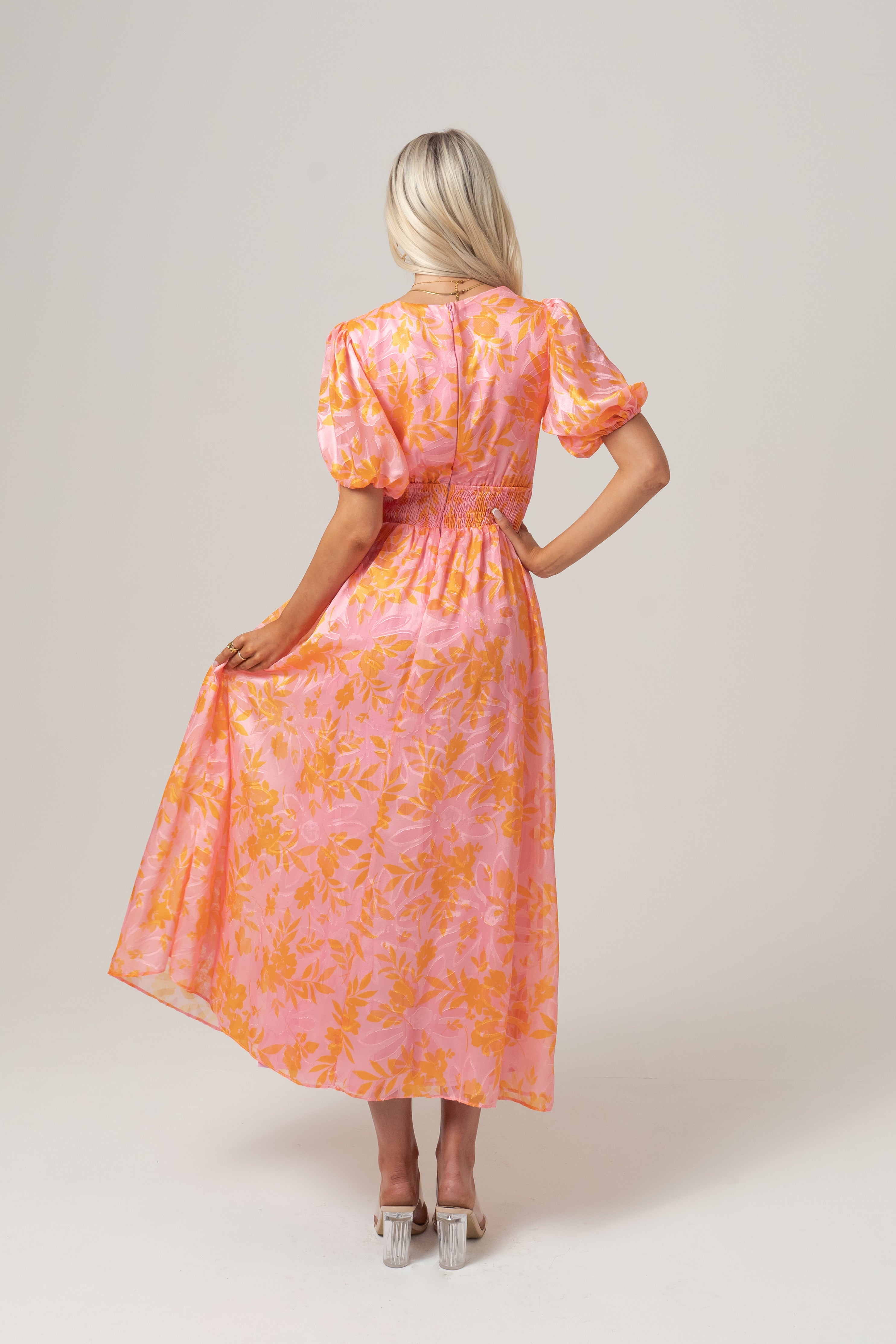 Madeline Pink Floral Print Maxi Dress with Puff Sleeves
