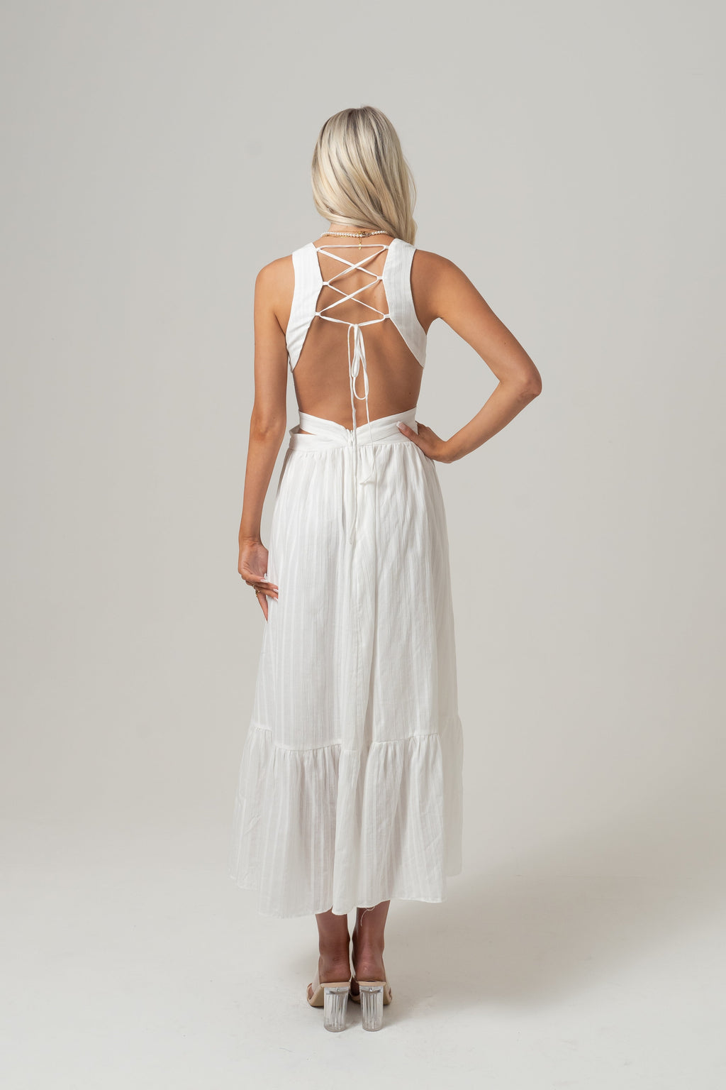 Katrina White Cross Back Maxi Dress with Buckle Detail