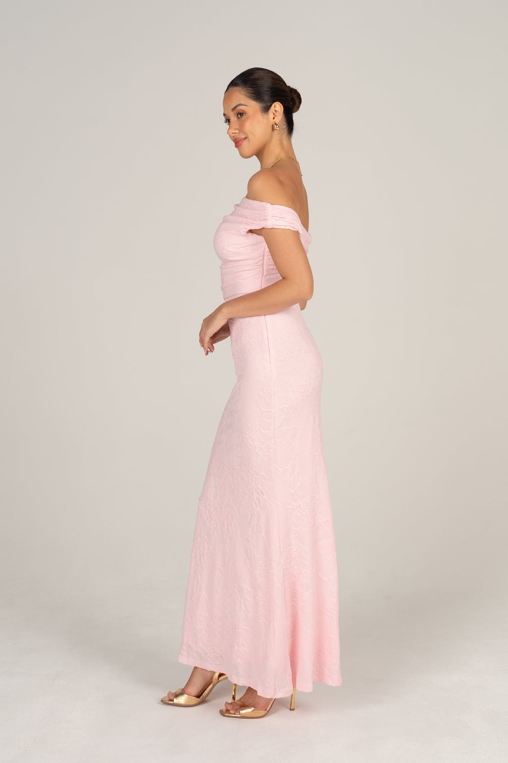 Teagan Off-Shoulder Pink Lace Midi