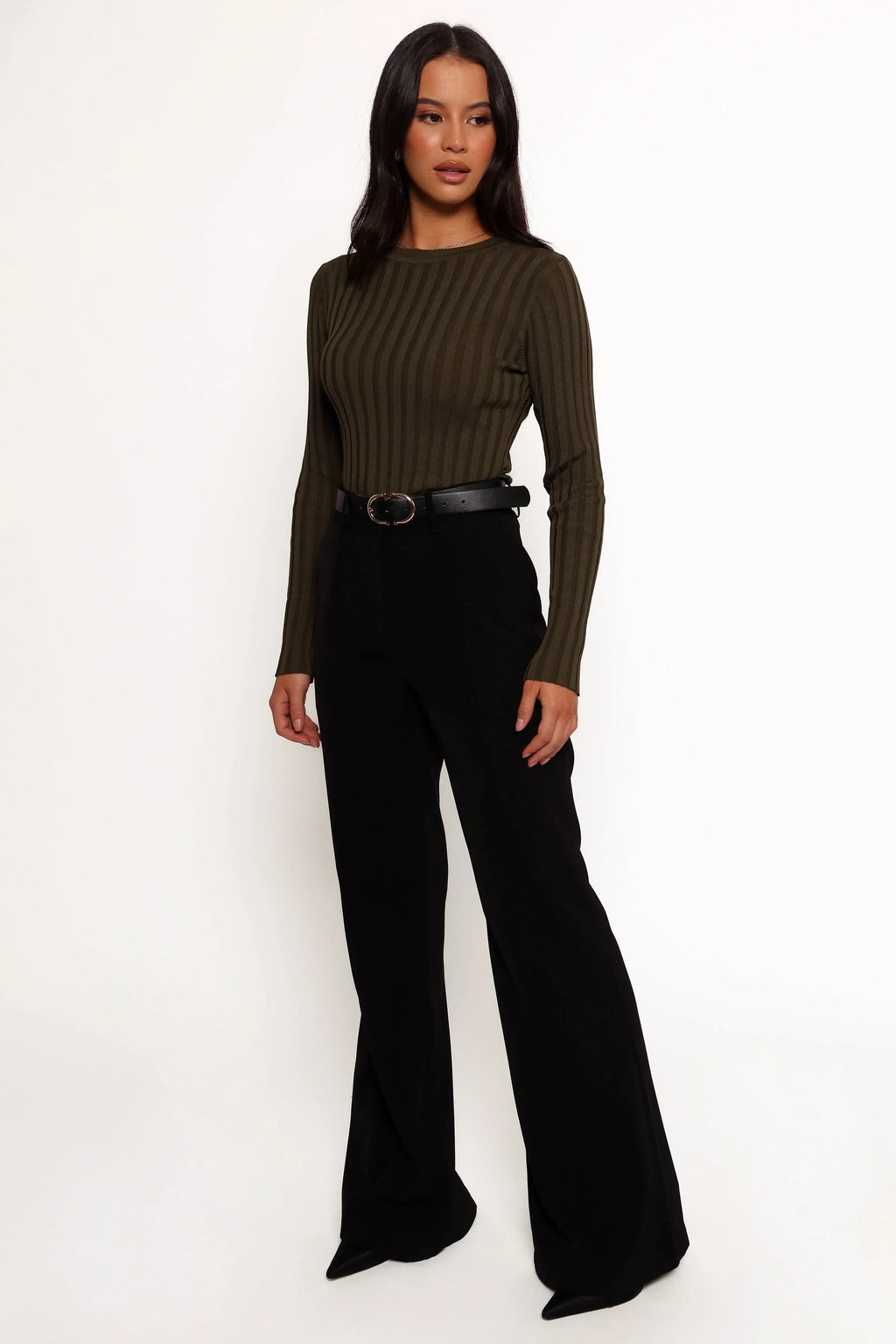Aneesa Wide Rib Knit Top - Dark Olive