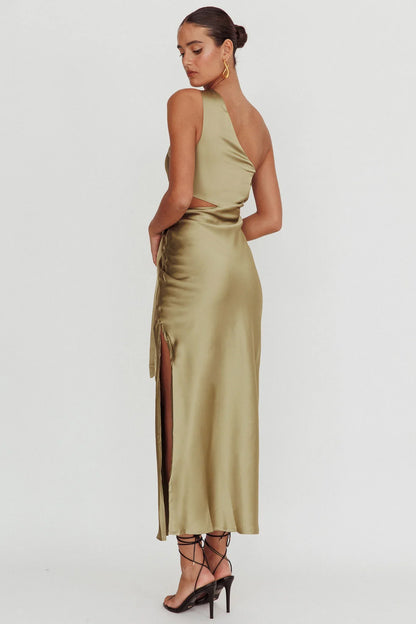 Abloom One Shoulder Satin Maxi Dress Khaki
