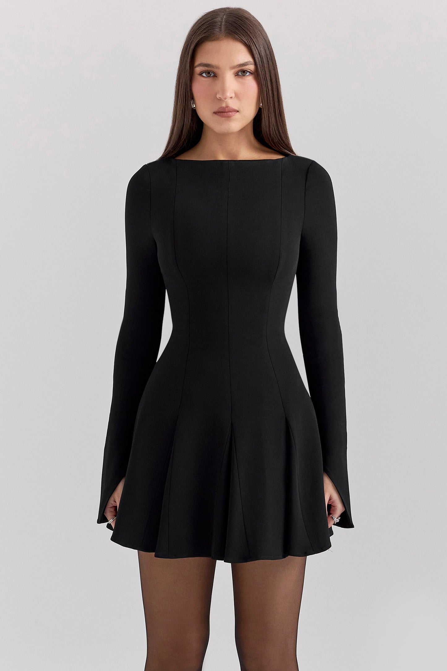 black stretch crepe godet mini dress