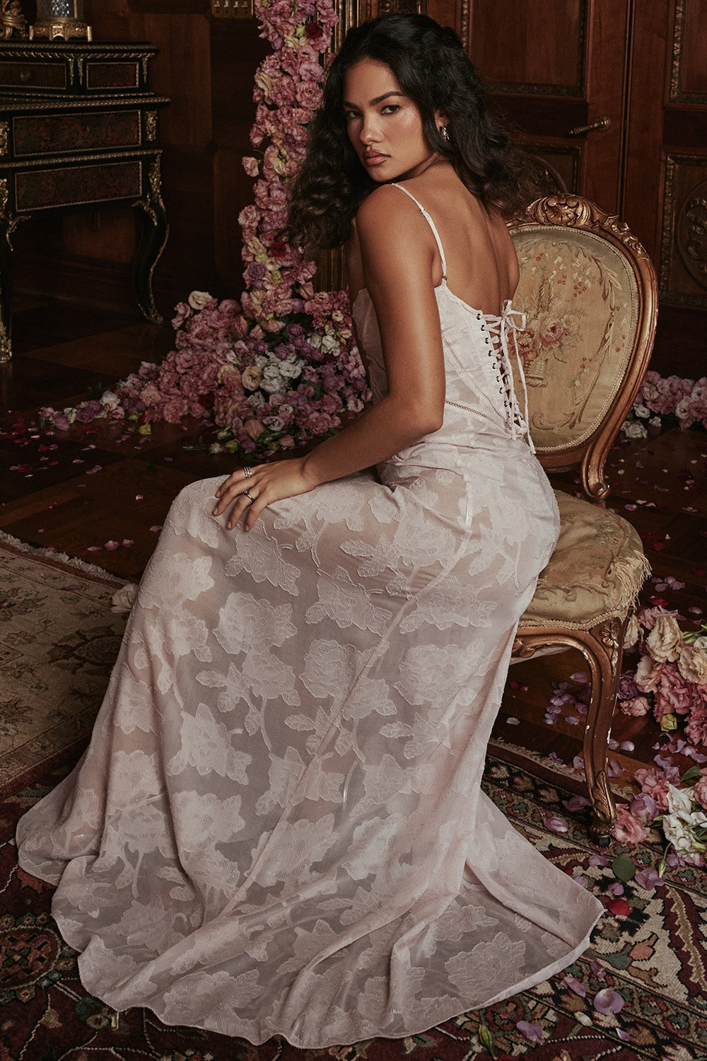 soft pink floral lace back maxi dress