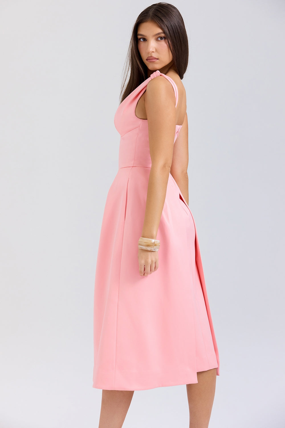peach satin pleated midi dress - sale