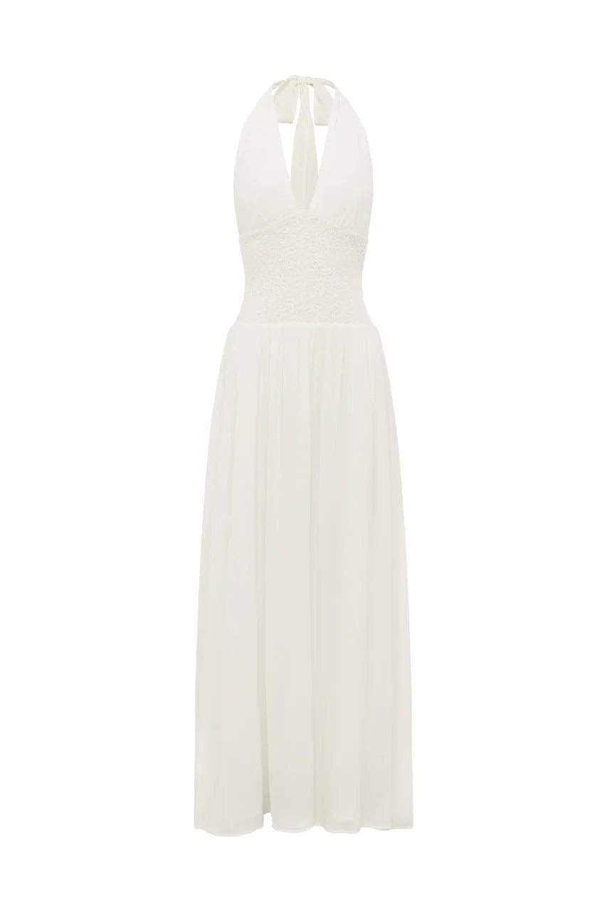 FERNANDA PLUNGE HALTER MAXI DRESS - WHITE