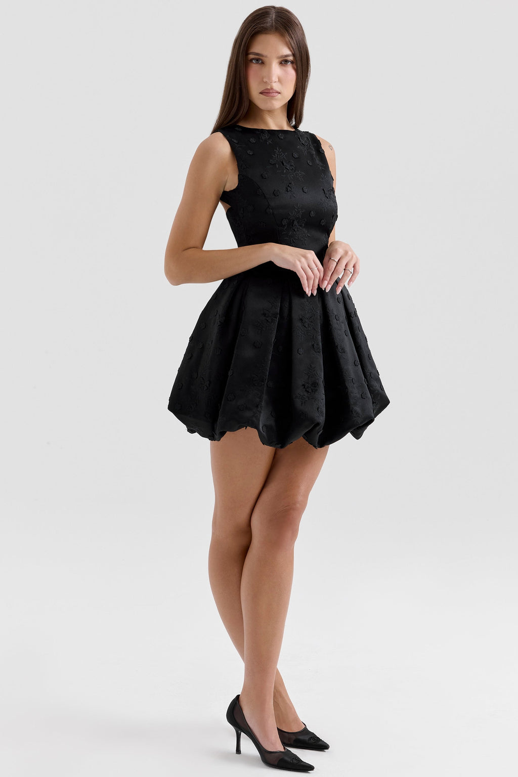 black backless embroidered mini puffball dress