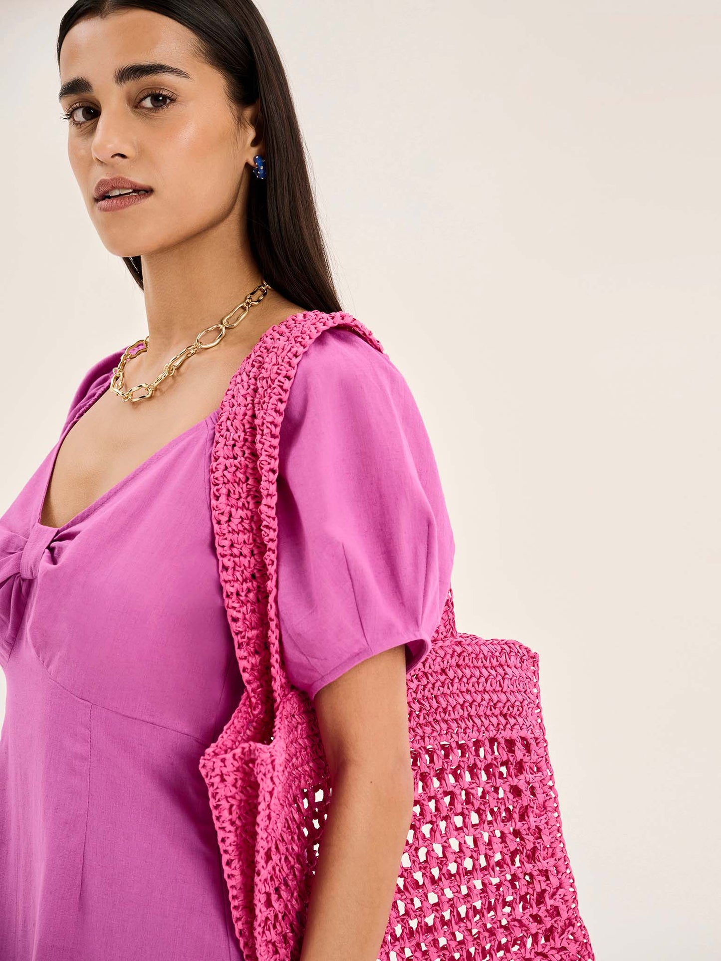 London Linen Bow Detail Midi Dress in Magenta